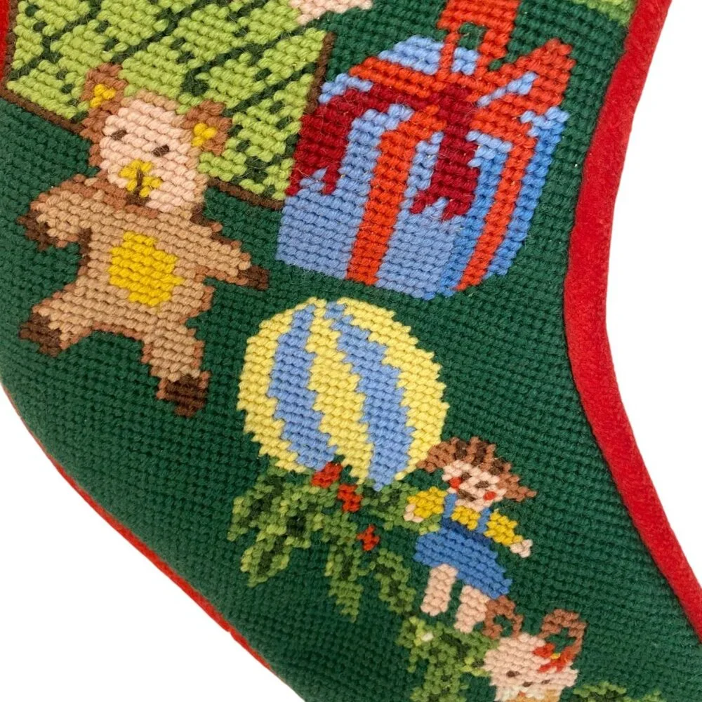 Handmade Needlepoint Red Velvet Christmas Stocking ‎ Santa Claus & Teddy Bear